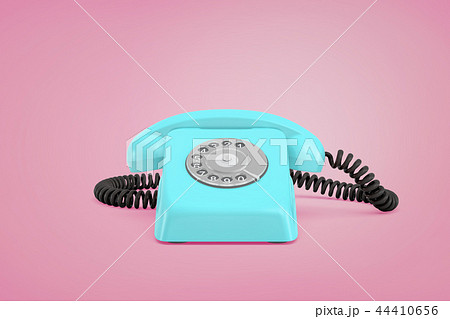3d rendering of a blue retro rotary phone with a receiver on a cord stands on a pink background. 44410656