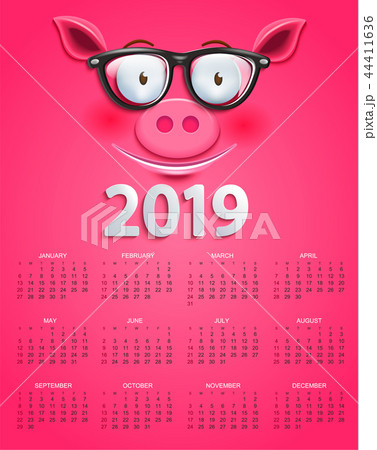 Cute calendar for 2019 year with clever pig's face Cute calendar for 2019 year with clever pig's face 44411636