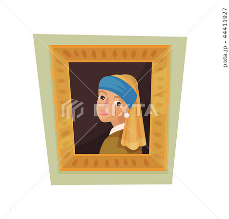 Famous painting of girl with pearl earring and blue headscarf. Museum exhibit. Flat vector for promo 44411927