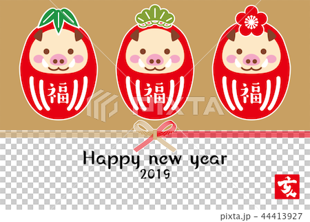 2019年新年卡片模板Dharma Tototo和Mizuhiki金色背景水平位置 44413927