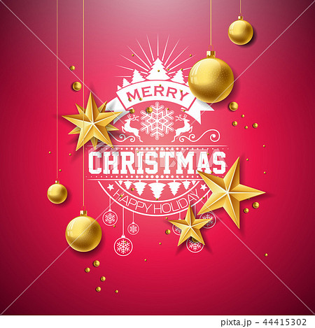 Merry Christmas Illustration with Gold Glass Ball, Star and Typography Elements on Red Background Merry Christmas Illustration with Gold Glass Ball, Star and Typography Elements on Red Background 44415302