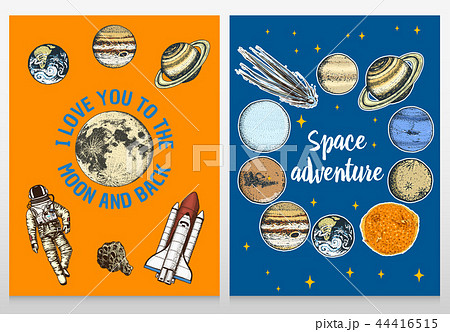 card planets in solar system and astronaut spaceman. moon and the sun, mercury and earth, mars and 44416515