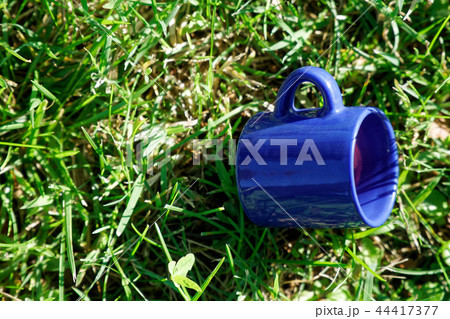 Empty tea cup stands on green grass Empty tea cup stands on green grass 44417377