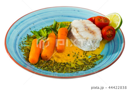 Recipe of steamed merluccius with vegetable pate Recipe of steamed merluccius with vegetable pate 44422838