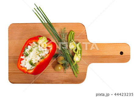 Image of pepper stuffed with brynza in plate Image of pepper stuffed with brynza in plate 44423235