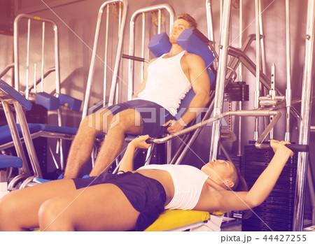 Young well trained woman lying on back on bench and lifting weights in shoulder press machinery Young well trained woman lying on back on bench and lifting weights in shoulder press machinery 44427255