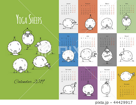 Morning yoga sheeps, calendar 2019 design Morning yoga sheeps, calendar 2019 design 44429917