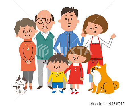 三世代6人家族とペットのイラスト素材
