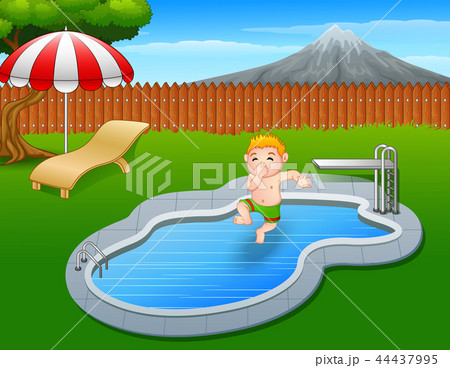 Cartoon boy jumping holding his nose 44437995