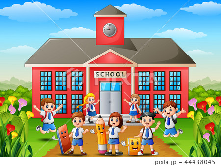 Many school children in front of school building Many school children in front of school building 44438045