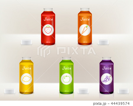 set of realistic juice bottles, jars. Glass, plastic transparent containers. Package design for 44439574
