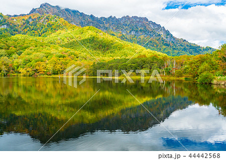 長野県 戸隠高原 鏡池の紅葉の写真素材