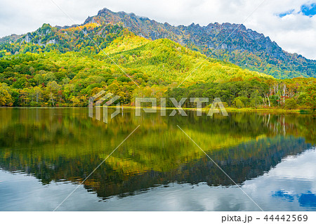 長野県 戸隠高原 鏡池の紅葉の写真素材