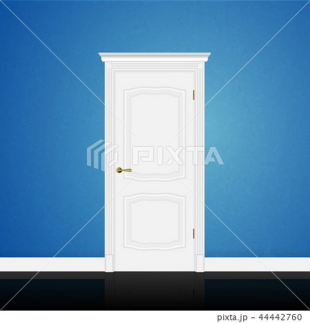 Blue wall abstract geometrical design with closed entrance white door in interior. Vector 3d 44442760