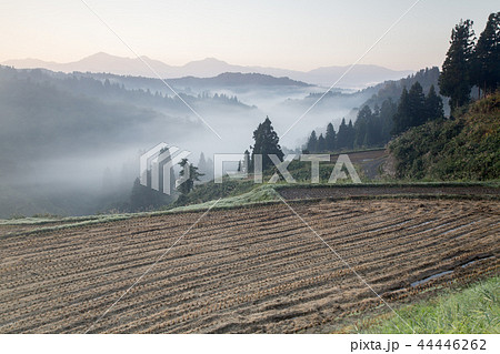 新潟県長岡市山古志　稲刈り後の棚田と越後三山　里山の秋の原風景 44446262
