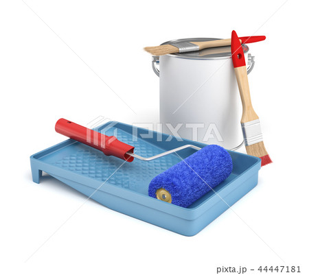 3d rendering of isolated home improvement tools: a paint bucket and a tray, brushes and a roller. 44447181