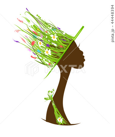 Organic hair care concept, female head with hat made from grass 44448394