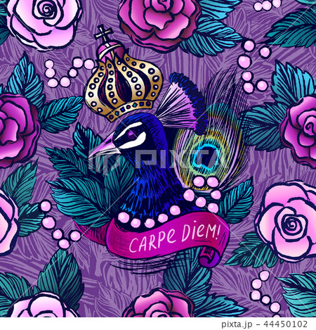 Vector seamless pattern with ink hand drawn peacock 44450102