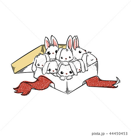 Holiday card with Cute Rabbits in a present box. Holiday card with Cute Rabbits in a present box. 44450453