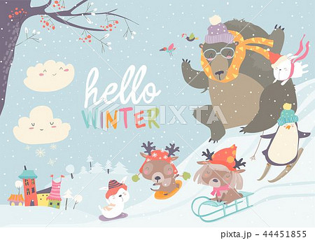 Happy cute animals playing winter games. Hello winter Happy cute animals playing winter games. Hello winter 44451855