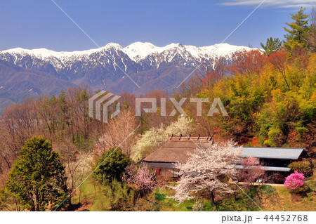 長野県中川村の茅葺のある家と残雪の中央アルプス 長野県中川村の茅葺のある家と残雪の中央アルプス 44452768