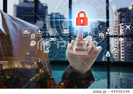 Businessman touch virtual screen padlock Businessman touch virtual screen padlock 44456146