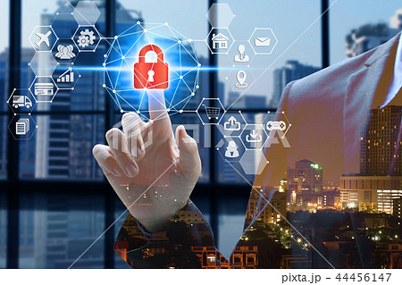 Businessman touch virtual screen padlock 44456147