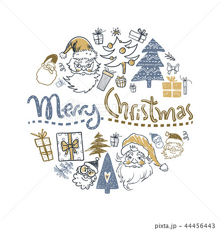 Winter holiday round illustration with doodle hand drawn Santa, Winter holiday round illustration with doodle hand drawn Santa, 44456443