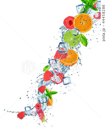 Fresh fruits in water splash on white background Fresh fruits in water splash on white background 44458286