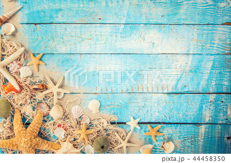 Summer traveling time. Sea holiday background with various shells. 44458350