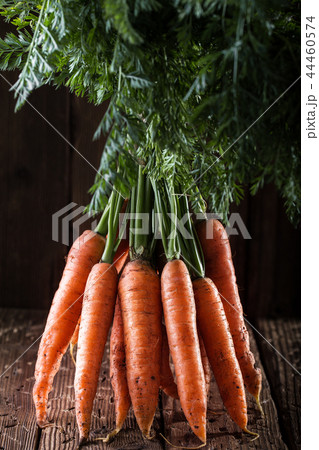 Bunch of carrots on rustic table. Vegetables harvest. Bunch of carrots on rustic table. Vegetables harvest. 44460574
