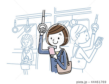 電車内でスマートフォンを使う女性のイラスト素材