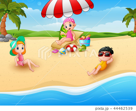 Children sunbathing on the beach   44462539