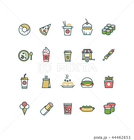 Outline fast food vector icons with flat color elements Outline fast food vector icons with flat color elements 44462653