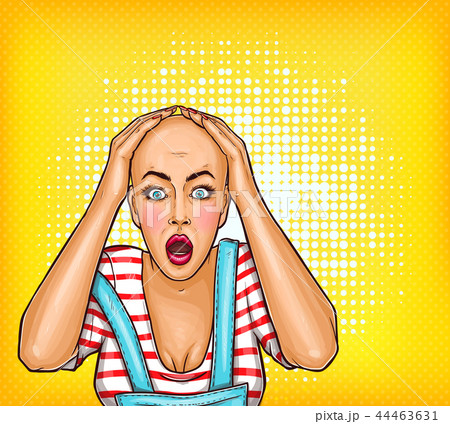pop art shocked girl after chemotherapy or bad haircut. Bald woman with cancer. Oncology 44463631