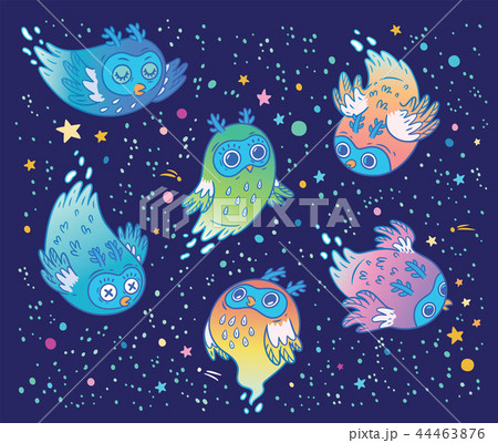 Cute vector ghost owls set in the night. Children cartoon style. 44463876