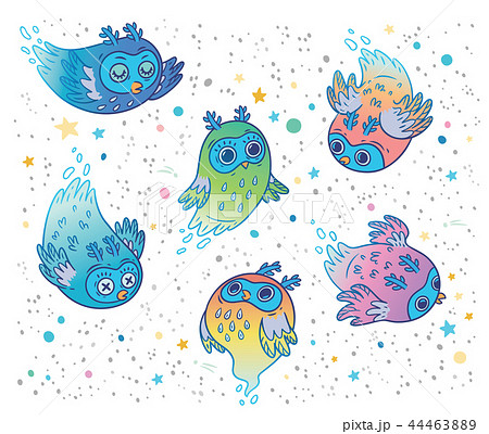 Cute Vector Colorful Ghost Owls Set Children のイラスト素材