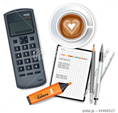 Phone card, coffee and marker Vector realistic 44468527
