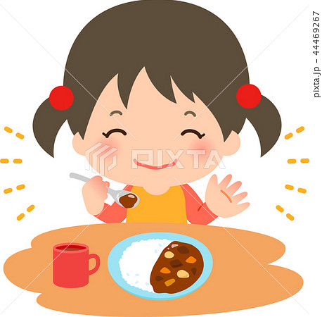 笑顔でカレーライスを食べる女の子のイラスト素材