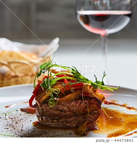 Delicious beef steak with vegetables. Shallow dof. Delicious beef steak with vegetables. Shallow dof. 44473841