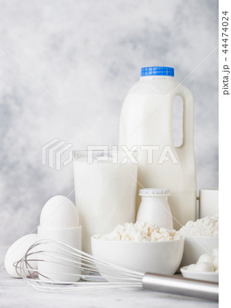 Fresh dairy products on white table background.  44474024
