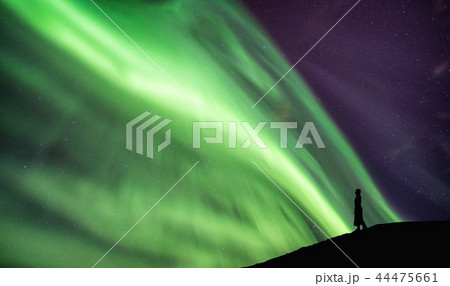 Silhouette woman standing on cliff with aurora Silhouette woman standing on cliff with aurora 44475661