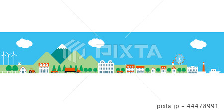 観覧車や風力発電のある田舎から都会の風景 44478991