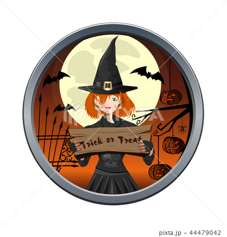 Halloween round sticker wit cute young witch Halloween round sticker wit cute young witch 44479042