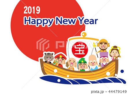 2019　ハッピーニューイヤー　日の丸　七福神の宝船　テンプレート 44479149