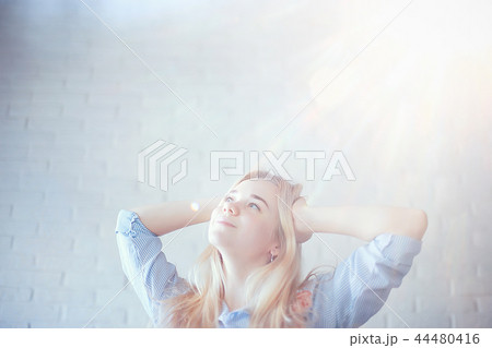 happy joy blond portrait / funny young adult model girl, concept of happiness and pleasure happy joy blond portrait / funny young adult model girl, concept of happiness and pleasure 44480416