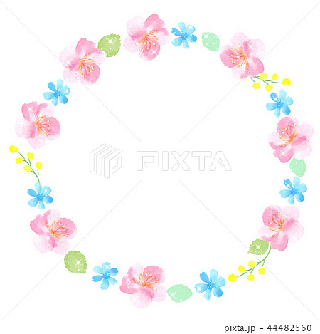 桜と青い花の円フレーム 水彩のイラスト素材