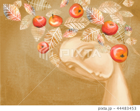Autumn girl with wreath of leaves and red apples. Autumn girl with wreath of leaves and red apples. 44483453