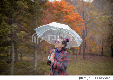 asian woman with raining umbrella standing in colorful of leaves 44485562