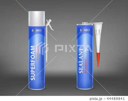 3d realistic metallic bottle with construction foam, tube with silicone building sealant isolated 44489841